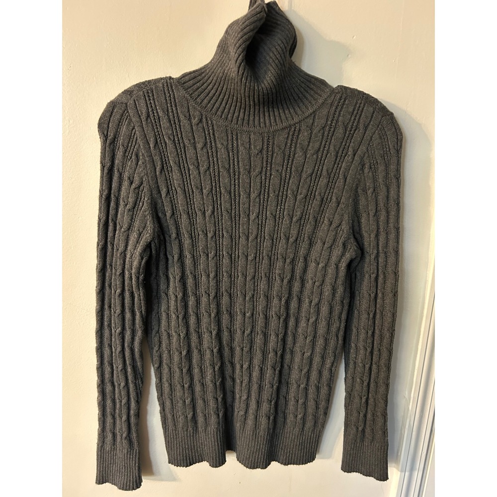St Johns Bay Womens Gray Cable Knit Turtleneck Sweater Cotton Blend Size M